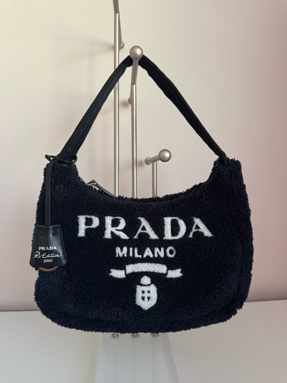 PRADA Milano Black Re-Edition 2000 Shearling Shoulder Bag